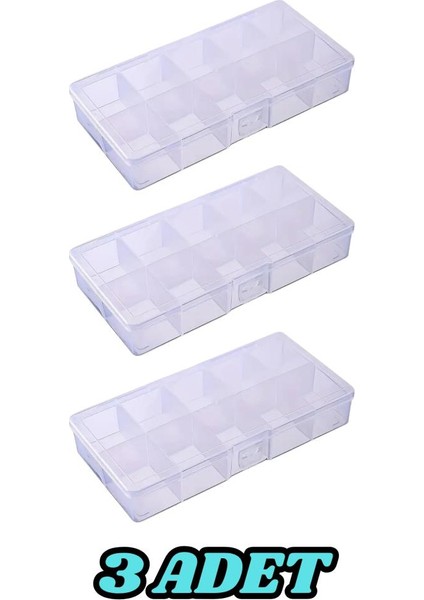 3 Adet 10 Bölmeli Mini Takı Boncuk Organizeri Kapaklı Plastik Kutu 13 cm