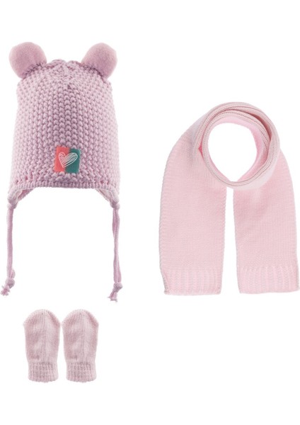 Bebe Kız Atkı Bere Eldiven Takım (0-18 Ay) K23150-02 Pembe