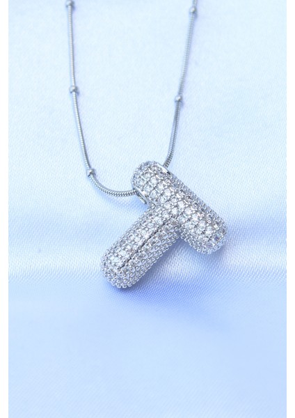 316L Çelik Zincirli Zirkon Taşlı T Harfli Gümüş Renk Bubble Kolye - TJ-BKO8721