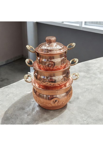 Mini Bakır Tencere 18*8 cm Mini Süs Tencere 3'lü Süs Biblo Tencere Minyatur Tencere