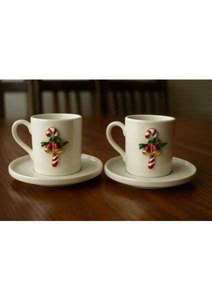 Baston Aksesuarlı 2 Kişilik Derya Porselen Kahve Seti, Yılbaşı Hediyelik Fincan