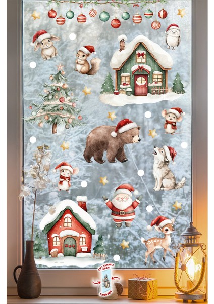 89 Parça Çift Taraflı Yılbaşı Cam Sticker Seti – Suya Dayanıklı Noel Süsleri - Yeni Yıl Cam Duvar