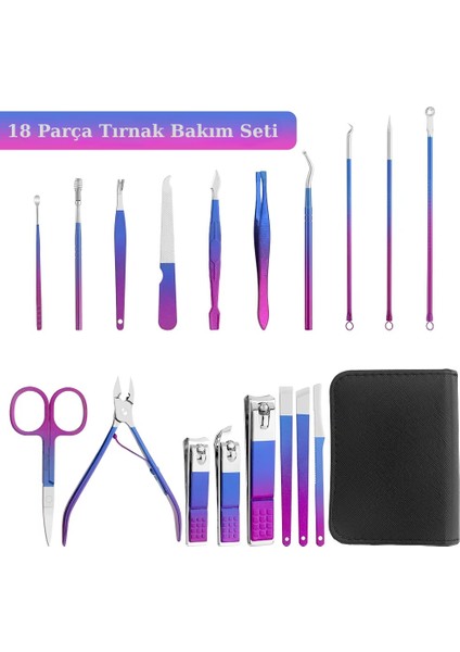 18 Parça Profesyonel Manikür Pedikür Seti Paslanmaz Çelik Yüz Bakım Tırnak Ayak Bakım Seyahat Çanta modelleri