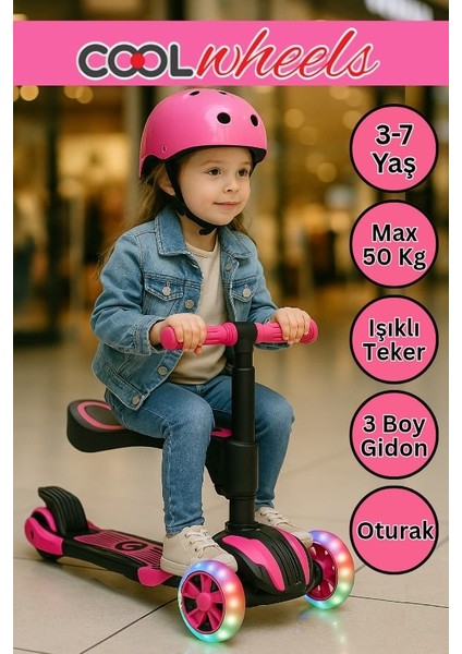 Oturaklı Combo Scooter - 3-7 Yaş Ayarlanabilir Gidonlu | 50 kg Taşıma Kapasiteli Işıklı 3 Tekerlekli Çocuk Scooterı modelleri