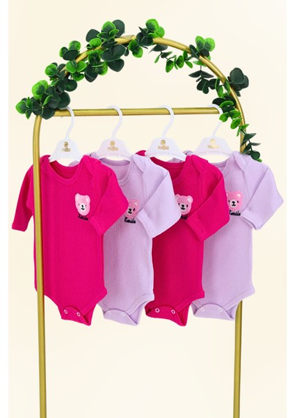 4'lü Kız Bebek Bebek Çıtçıtlı Uzun Kollu Renkli Smile Desenli Zıbın %100 Organik Waffl Pamuk Kumaş