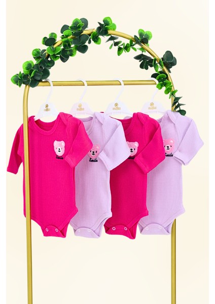 4'lü Kız Bebek Bebek Çıtçıtlı Uzun Kollu Renkli Smile Desenli Zıbın %100 Organik Waffl Pamuk Kumaş fırsatları