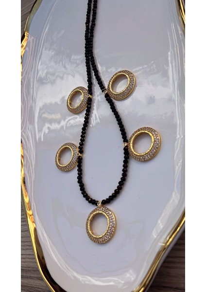 🖤 Şık ve Asil: Siyah Kristal Boncuklu 5'li Çeyrek Altın Koymalı Kolye 🖤 indirimleri