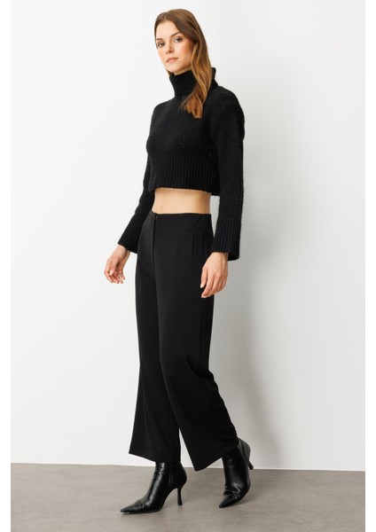 Yüksek Bel Bol Paça Krep Pantolon-Siyah fiyatları