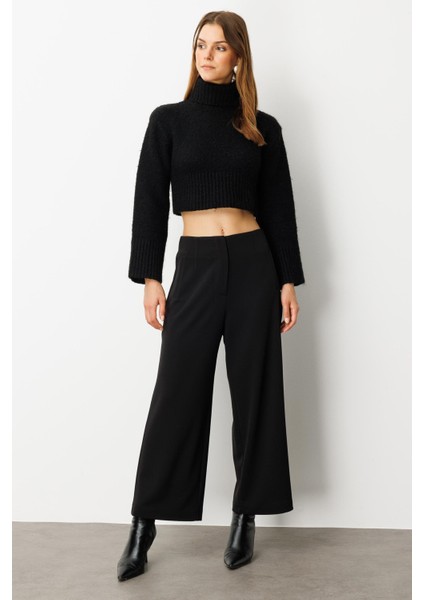 Yüksek Bel Bol Paça Krep Pantolon-Siyah modelleri
