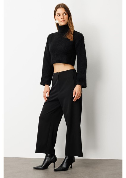 Yüksek Bel Bol Paça Krep Pantolon-Siyah fırsatları