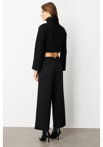 Yüksek Bel Bol Paça Krep Pantolon-Siyah indirimleri