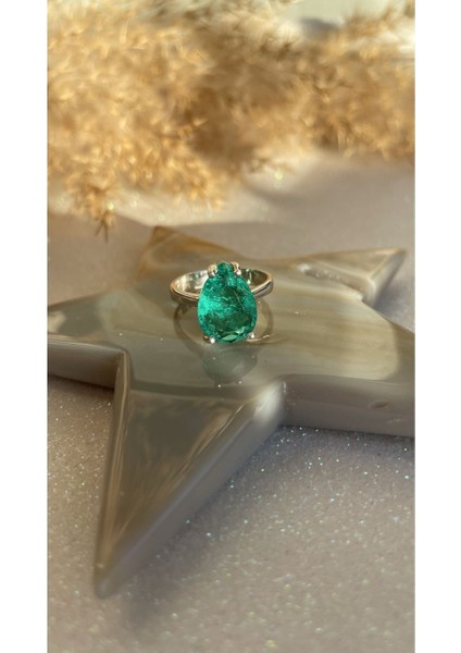 Altın Kaplama Zümrüt Yeşil Renk Paraiba Taşlı Damla Form 925 Ayar Gümüş Yüzük