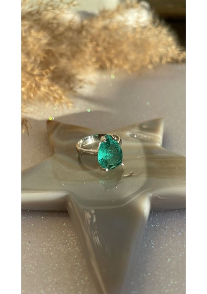 Altın Kaplama Zümrüt Yeşil Renk Paraiba Taşlı Damla Form 925 Ayar Gümüş Yüzük indirimleri