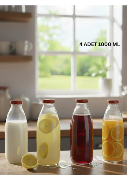 4 Adet Sürahi Süt, Ayran,limonata, Meşrubat Şişesi Kırmızı Plastik Kapaklı 1000 ml Şeffaf Cam Şişe