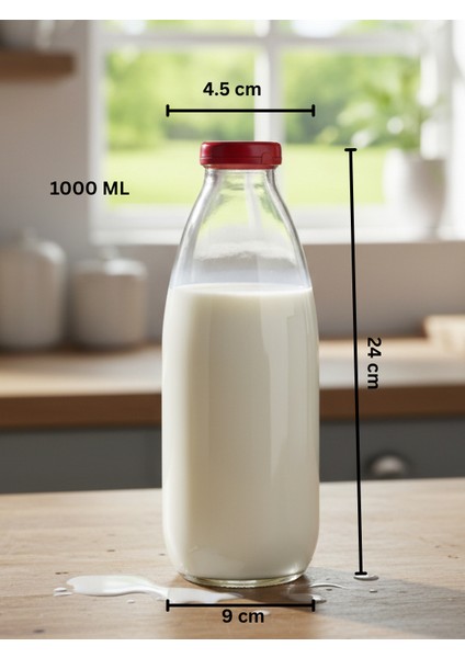 4 Adet Sürahi Süt, Ayran,limonata, Meşrubat Şişesi Kırmızı Plastik Kapaklı 1000 ml Şeffaf Cam Şişe fiyatları
