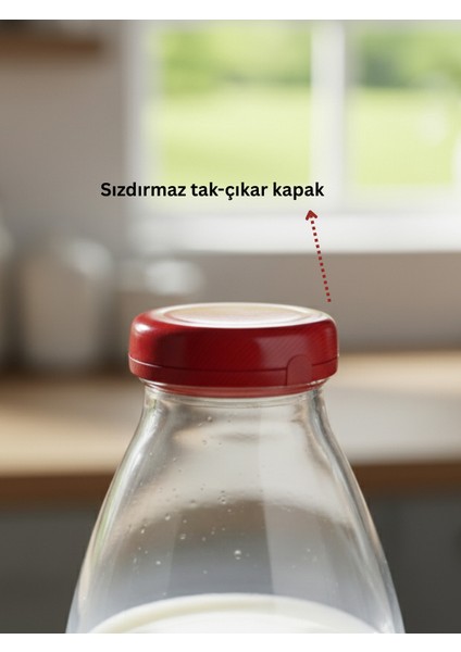 4 Adet Sürahi Süt, Ayran,limonata, Meşrubat Şişesi Kırmızı Plastik Kapaklı 1000 ml Şeffaf Cam Şişe modelleri