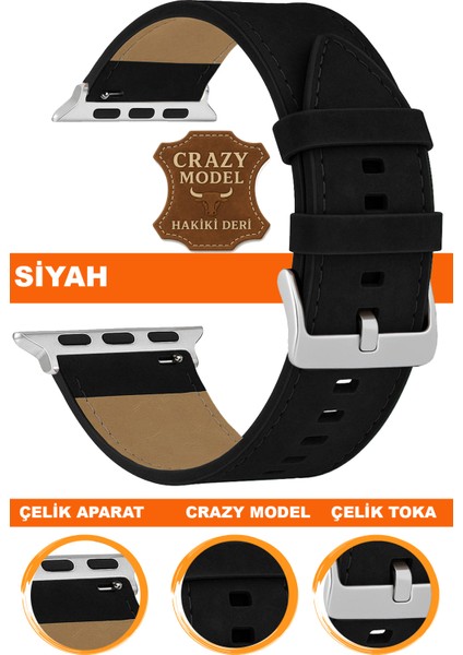 apple watch 1/2/3/4/5/6/se/7/8/9 (38-40-41mm) seri 10 /11 (42mm) uyumlu crazy deri saat kordonu kayışı l10hwc-sıyah-sılver