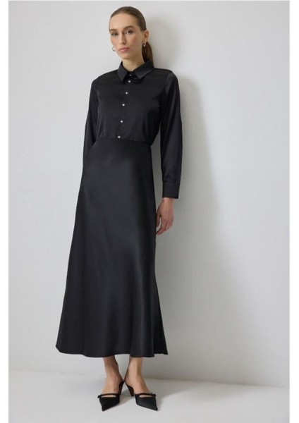 Çıtçıtlı Saten Gömlek Body Siyah