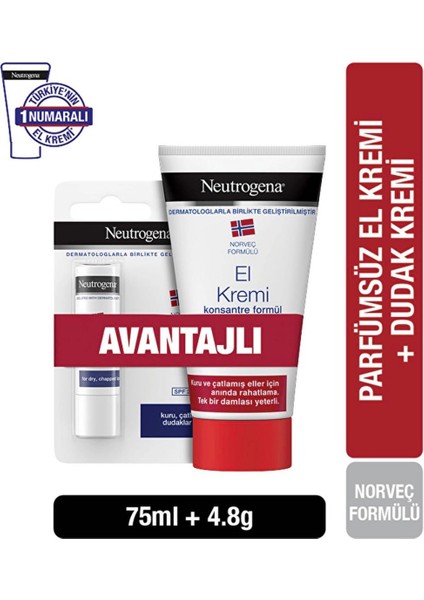 Norveç Formülü Parfümsüz El Kremi 75ML + Besleyici Dudak Nemlendirici 4.8gr fiyatları