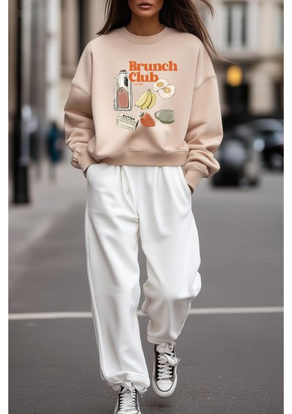 Kadın Içi Şardonlu Baskılı Oversize Sweatshirt