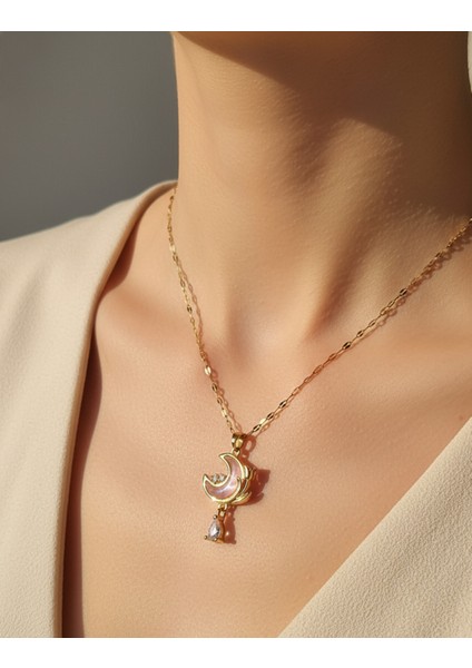 Gold Sallantılı Ay Yıldız Figürlü Pembe Taşlı Çelik Kadın Kolye fiyatları