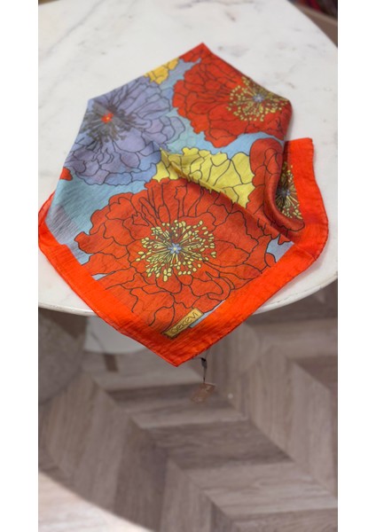 Ipekevi Desenli Tensel Eşarp Turuncu Bebe Mavi