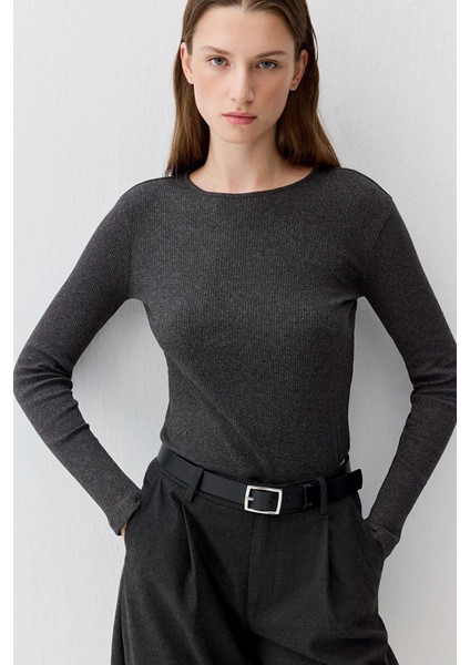 Kadın Kaşmir Karışımlı Siyah Uzun Kollu Basic Tişört 1613655-80927