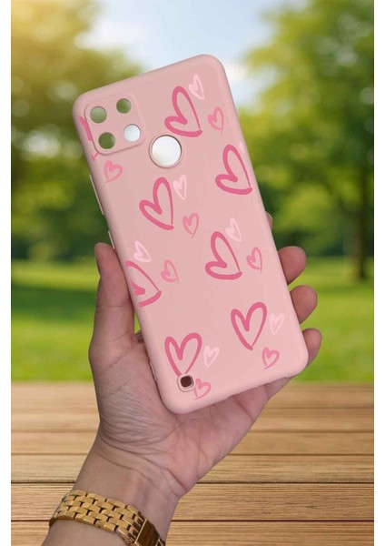Realme C21Y ve C25Y - Pembe Kalp Desenli Silikon Darbe Emici Klasik Korumalı Rubber Kılıf