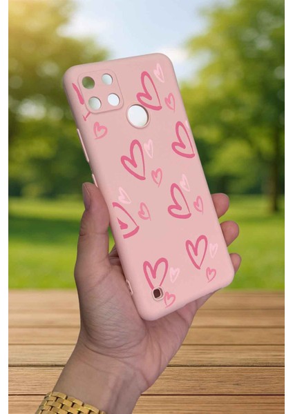 Realme C21Y ve C25Y - Pembe Kalp Desenli Silikon Darbe Emici Klasik Korumalı Rubber Kılıf modelleri