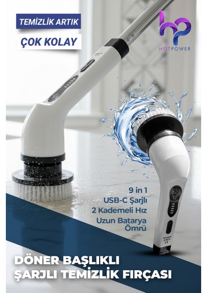 Şarjlı Döner Temizlik Fırçası Seti 9'u 1 Arada Uzatılabilir Saplı
