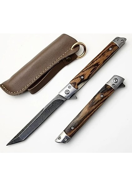 Kamp ve Outdoor Kullanıma Uygun Damascus Işlemeli Katlanır Çakı – Doğal Ağaç Saplı El Yapımı Bıçak