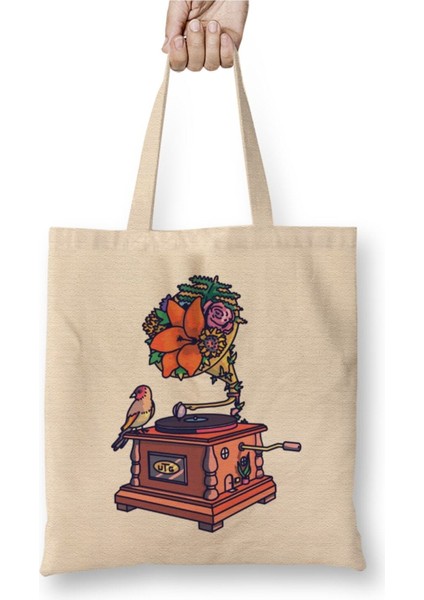 Vintage Record Player Gramafon Beyaz Bez Çanta Uzun Saplı Alışveriş Çantası Plaj Çantası