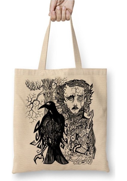 Edgar Allan Poe Beyaz Bez Çanta Uzun Saplı Alışveriş Çantası Plaj Çantası