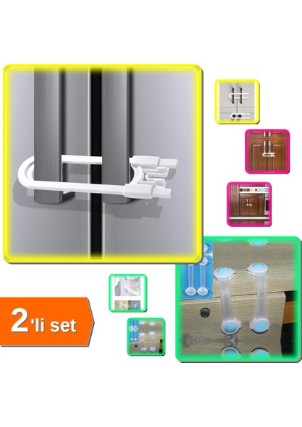 4 Adet Slide Dolap - Çekmece Çocuk Koruma Kilidi + 2li Koruma Kilidi - Çocuk Güvenlik Seti | Z8H3LP