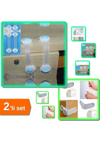 2 Adet Çocuk Koruma Kilidi + Vidasız Bebek Güvenlik Köşe Kapak Kilidi Seti MN84RT