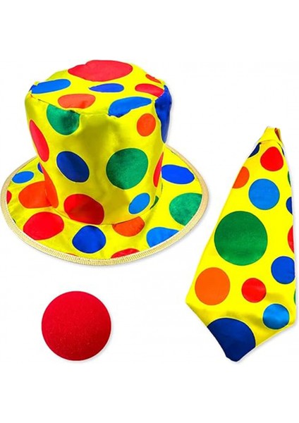 Renkli Palyaço Kostüm Seti – 3 Parça Aksesuar (Şapka, Kravat, Burun)