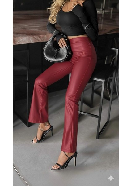 Kadın Yüksek Bel Paçaya Doğru Geniş Deri Pantolon fiyatları