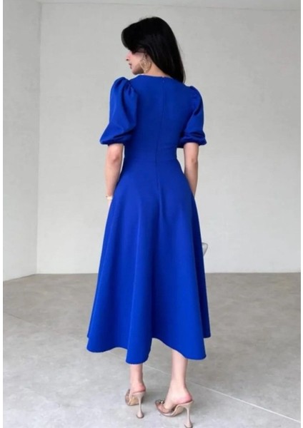 Kadın Kısa Balon Kollu Bisiklet Yaka Geniş Kesim Janjan Krep Elbise fiyatları