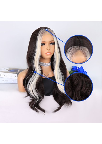 Koyu Kumral Perçemler Beyaz Platin Tül Peruk fırsatları