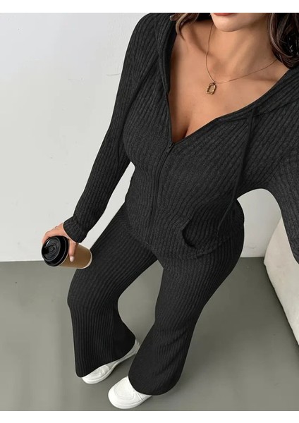 Kadın Uzun Kollu Kapşonlu Önden Fermuarlı Kaşkorse Bluz ve Pantolon Ikili Takım fırsatları