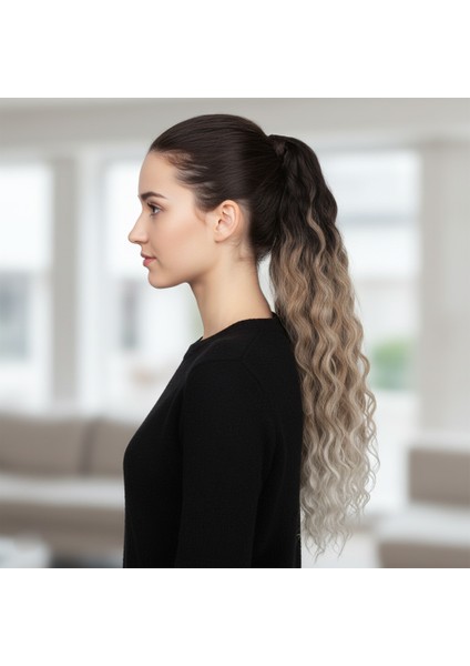 Lastik Tokalı At Kuyruğu Kabarık Afro Dalgalı / Kahverengi / Kumral Ombre Beyaz Platin Röfle