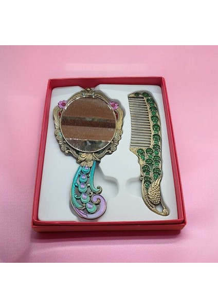 Ayna Tarak Seti Kutulu Hediyelik 12 cm Döküm Bakır El Işçilikli Ayna Tarak Seti