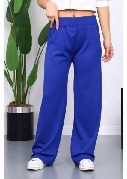 Saks Mavi Yüksek Bel Fitilli Bol Paça Triko Pantolon