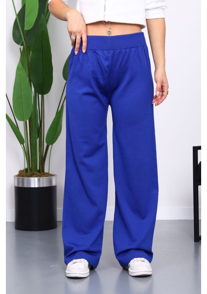 Saks Mavi Yüksek Bel Fitilli Bol Paça Triko Pantolon fiyatları