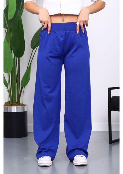 Saks Mavi Yüksek Bel Fitilli Bol Paça Triko Pantolon modelleri