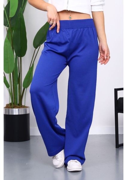 Saks Mavi Yüksek Bel Fitilli Bol Paça Triko Pantolon fırsatları