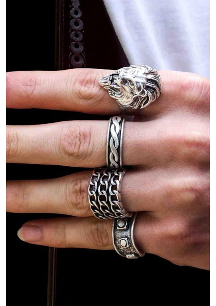 4 Adet 925 Ayar Gümüş Kaplama Ayarlanabilir El Yapımı Erkek Kadın Aslan Yüzük Seti