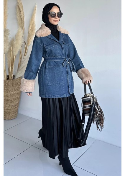 Tesettür Yaka Kol Kürk Detaylı Jean Kot Ceket P-00018980