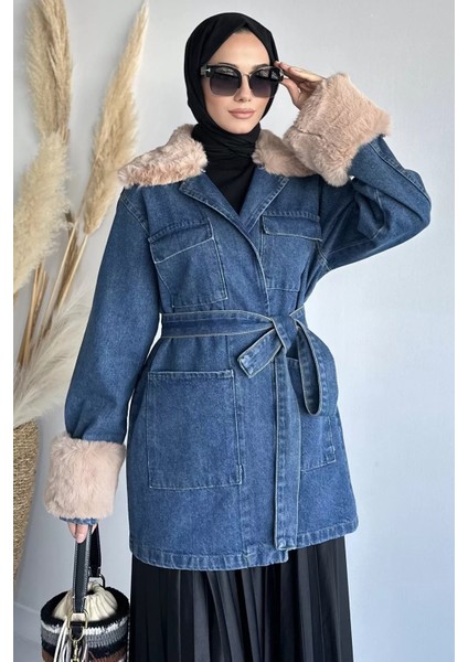 Tesettür Yaka Kol Kürk Detaylı Jean Kot Ceket P-00018980 fiyatları