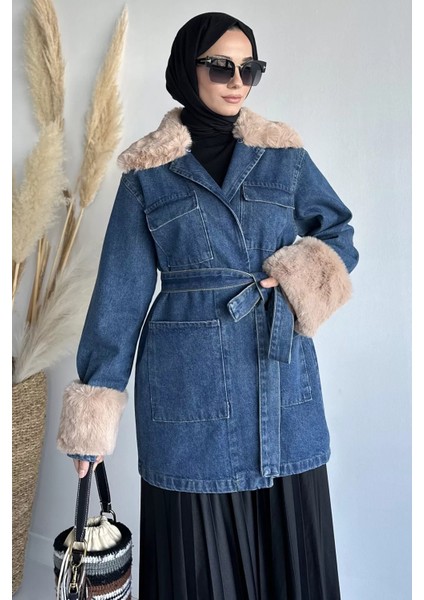 Tesettür Yaka Kol Kürk Detaylı Jean Kot Ceket P-00018980 modelleri